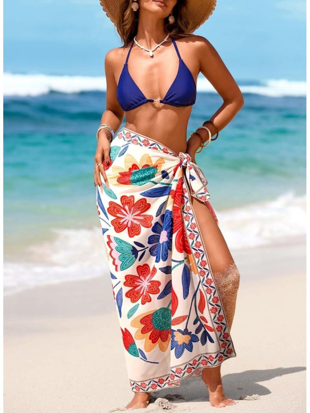 Women's Multicolor Swimsuit High Slit Summer Floral Print Chiffon Wrap Beach - Picture 4 of 6
